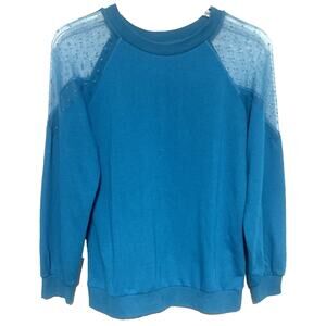 Venus Teal Sweater Size Med Sheer Shoulder Sleeve Crewneck Soft Knit Fall-Spring
